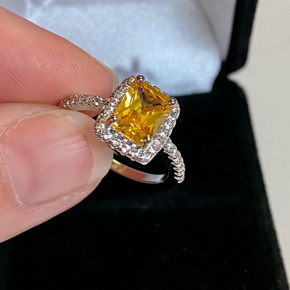 925 Sterling Silver Yellow Canary CZ Halo Ring - Picture 5 of 12